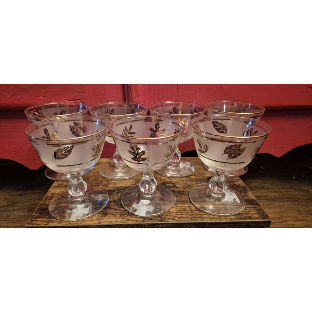 Vintage Libbey Frosted Gold Leaf Champagne Sherbet Glasses 7 pc Set MCM Barware